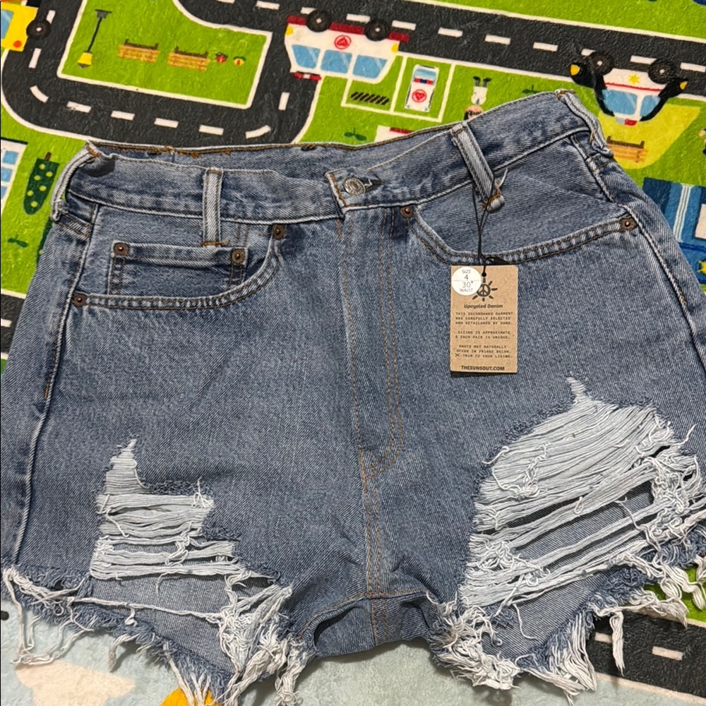 Levi's Blue Distressed Jean Shorts with Frayed Hem